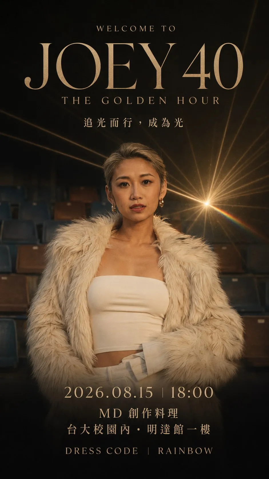 JOEY 40 入口直立電子看板設計稿，WELCOME TO JOEY 40 THE GOLDEN HOUR，追光而行，成為光，2026.08.15 18:00 MD 創作料理