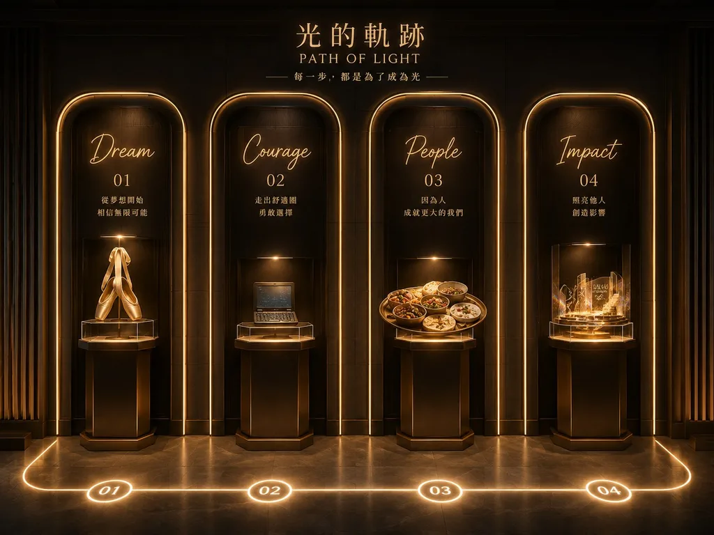 「光的軌跡 Path of Light」生日派對入口提案概念圖，四座金色線條看台一字排開，AI 繪製示意