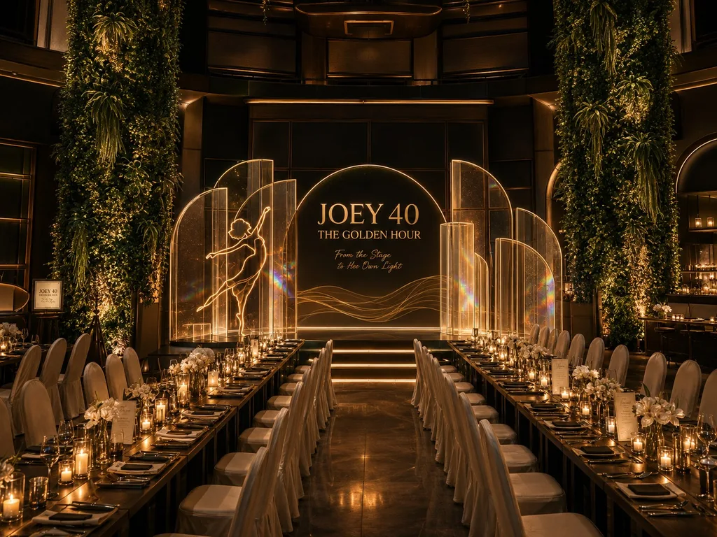 JOEY 40 舞台提案概念圖，拱形主背板兩側各一組透明光柱，光柱內有芭蕾舞者線條，長桌併桌與燭光，AI 繪製示意