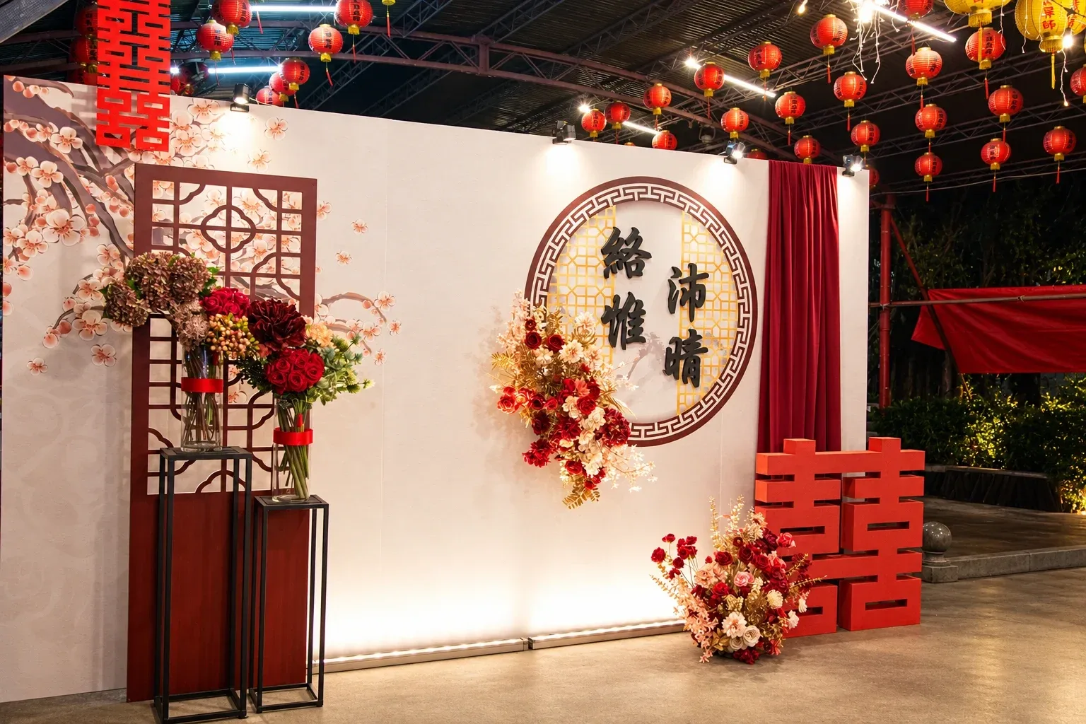 小軒窗背板全景,右邊立著一座落地的紅色立體囍字