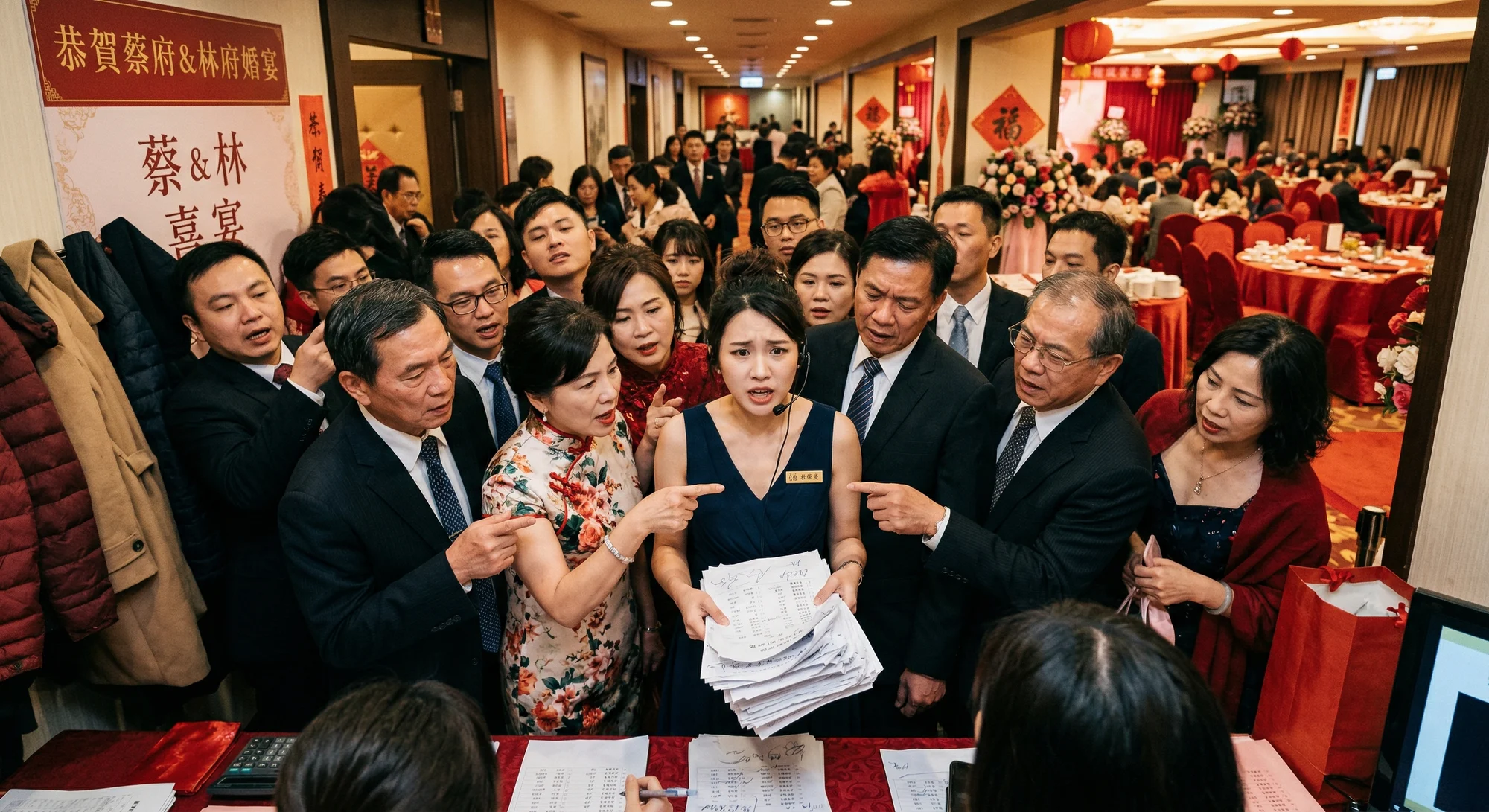 傳統活動入場現場,工作人員被查詢座位的賓客團團圍住